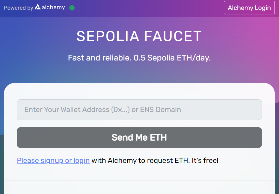 Request Sepolia ETH from Alchemy's free faucet