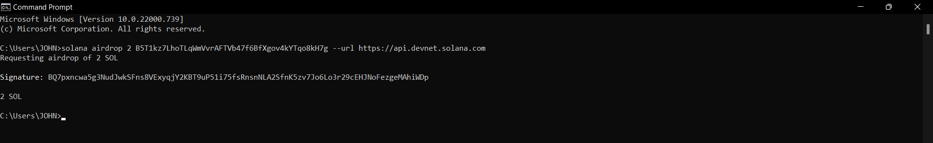 2 Devnet SOL tokens are request from the command line.