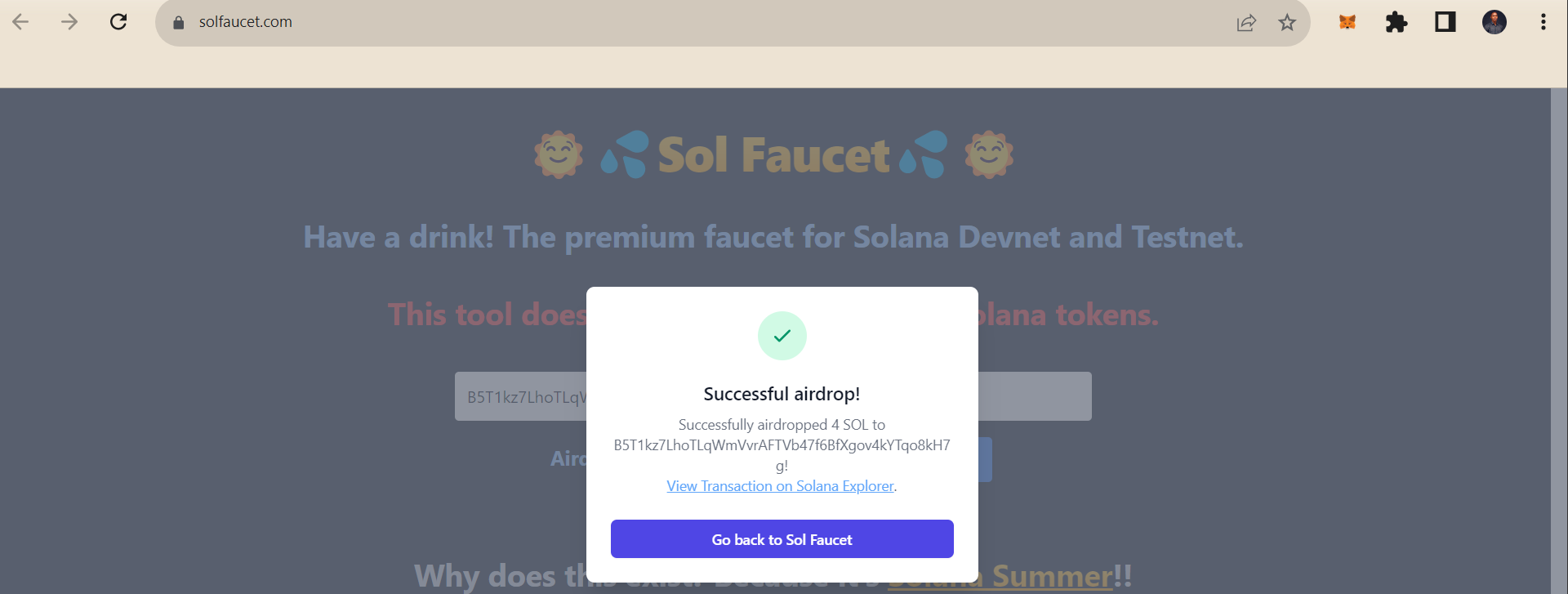 Successful airdrop of 4 devnet SOL tokens from solfaucet.com