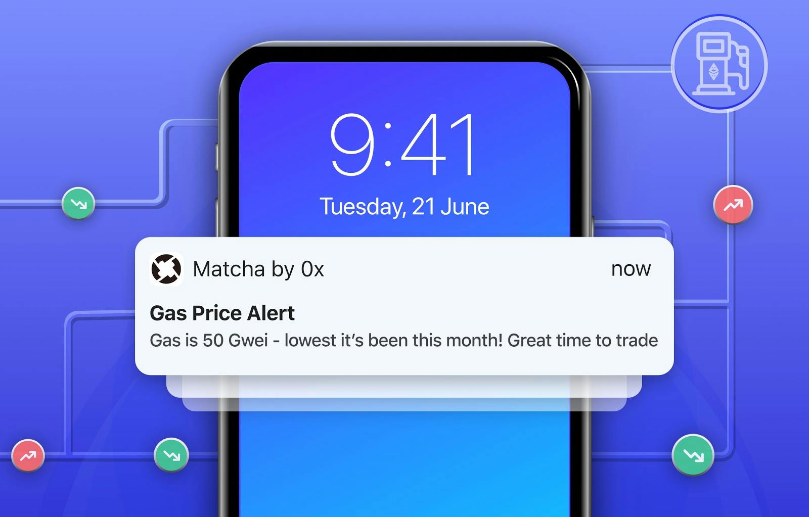 Illustration of user receiving mobile notifications for gas price updates by match0x Dapp.