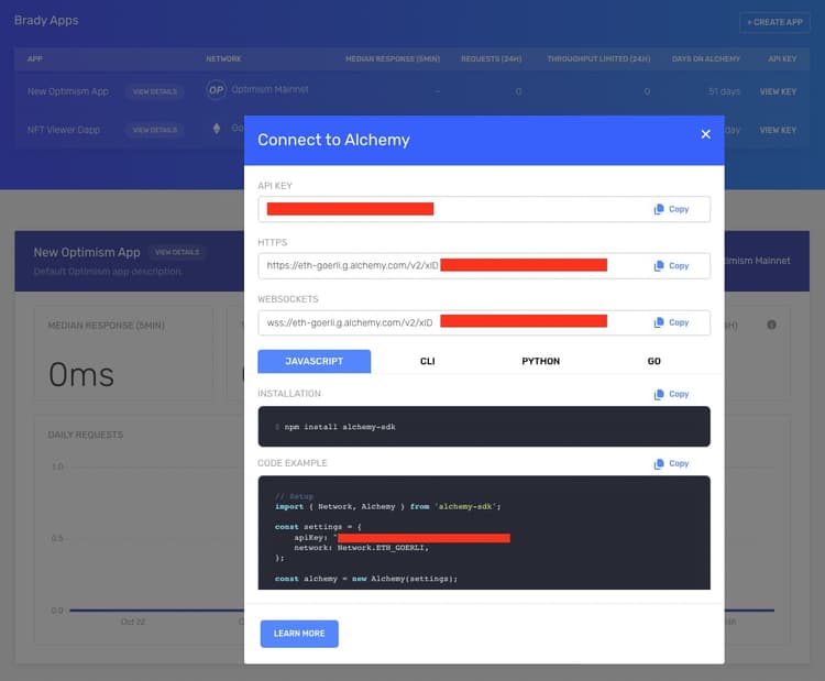 Create a new Alchemy app and copy your API Key