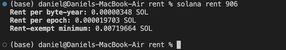 Output from the Solana Rent command in terminal