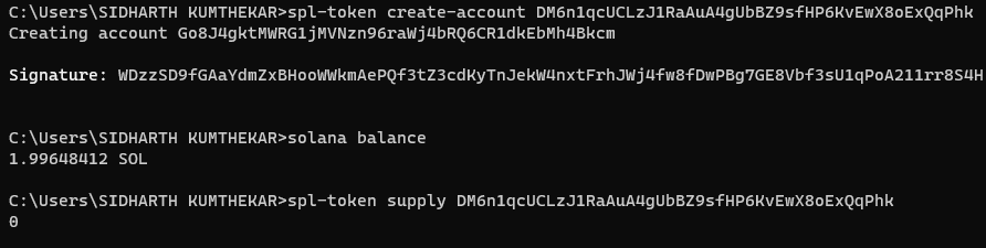 Balance after running an spl-token create-account command.