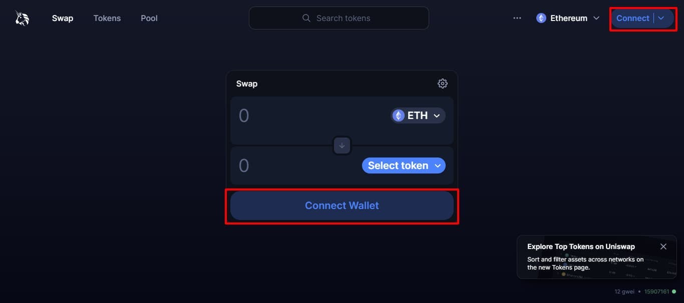 Uniswap Ethereum Decentralized Exchange - Connect to your Wallet (Metamask)