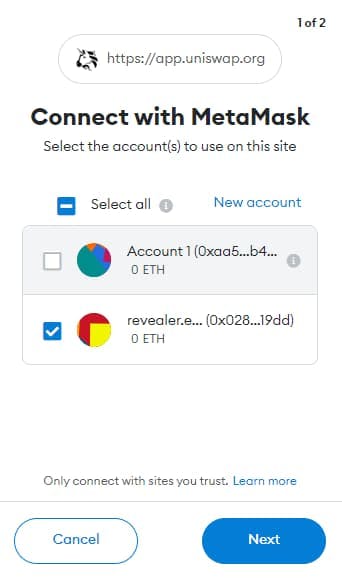 Metamask Chrome Extension - Choose your Account to Connect to Uniswap
