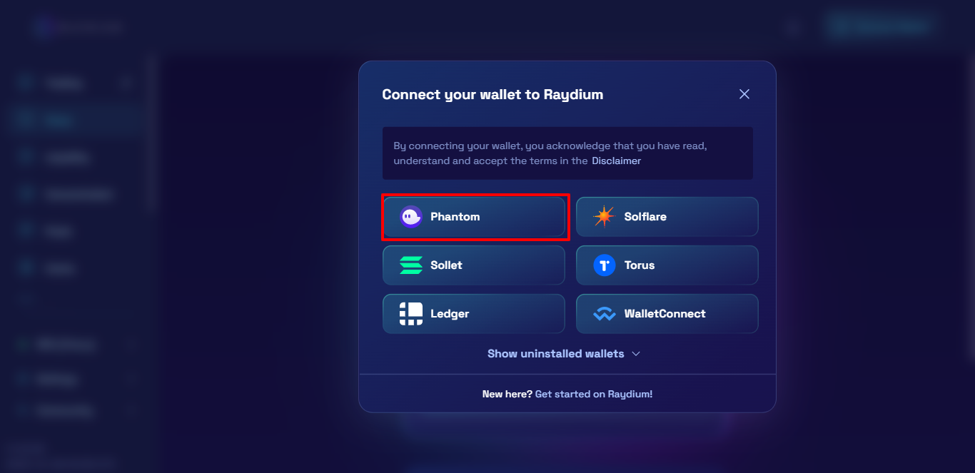 Connect wallet to Raydium