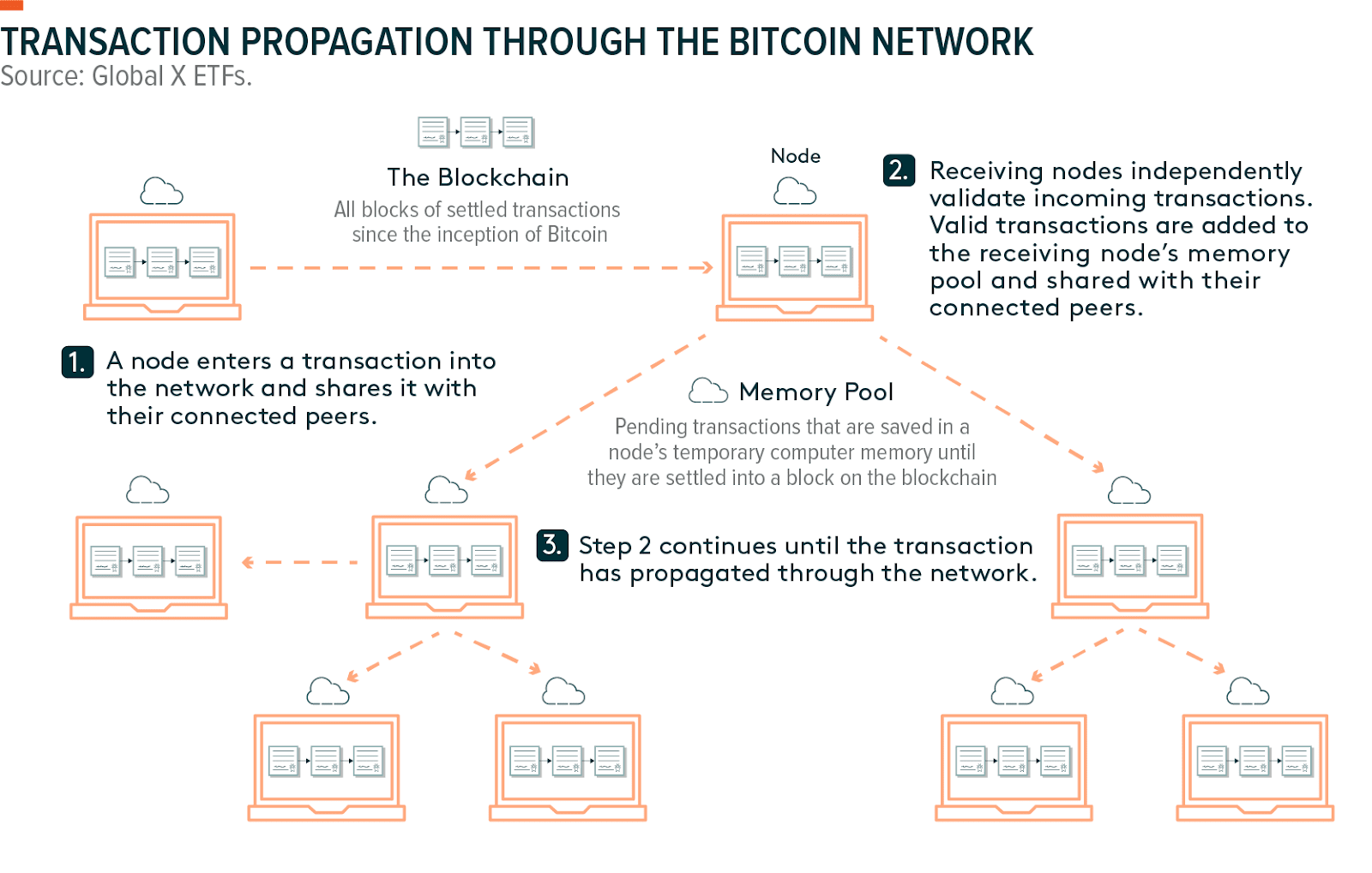 A diagram showing how transaction data is broadcast through the blockchain network