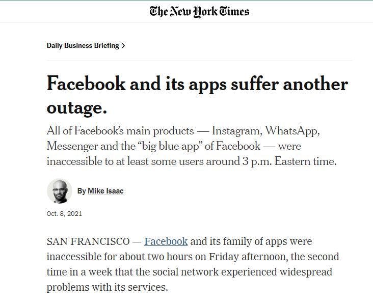 Facebook suffers outage - The New York Times