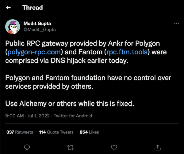 Polygon recommended switching to Alchemy when the public RPC provider, Ankr, was hijacked in July, 2022.