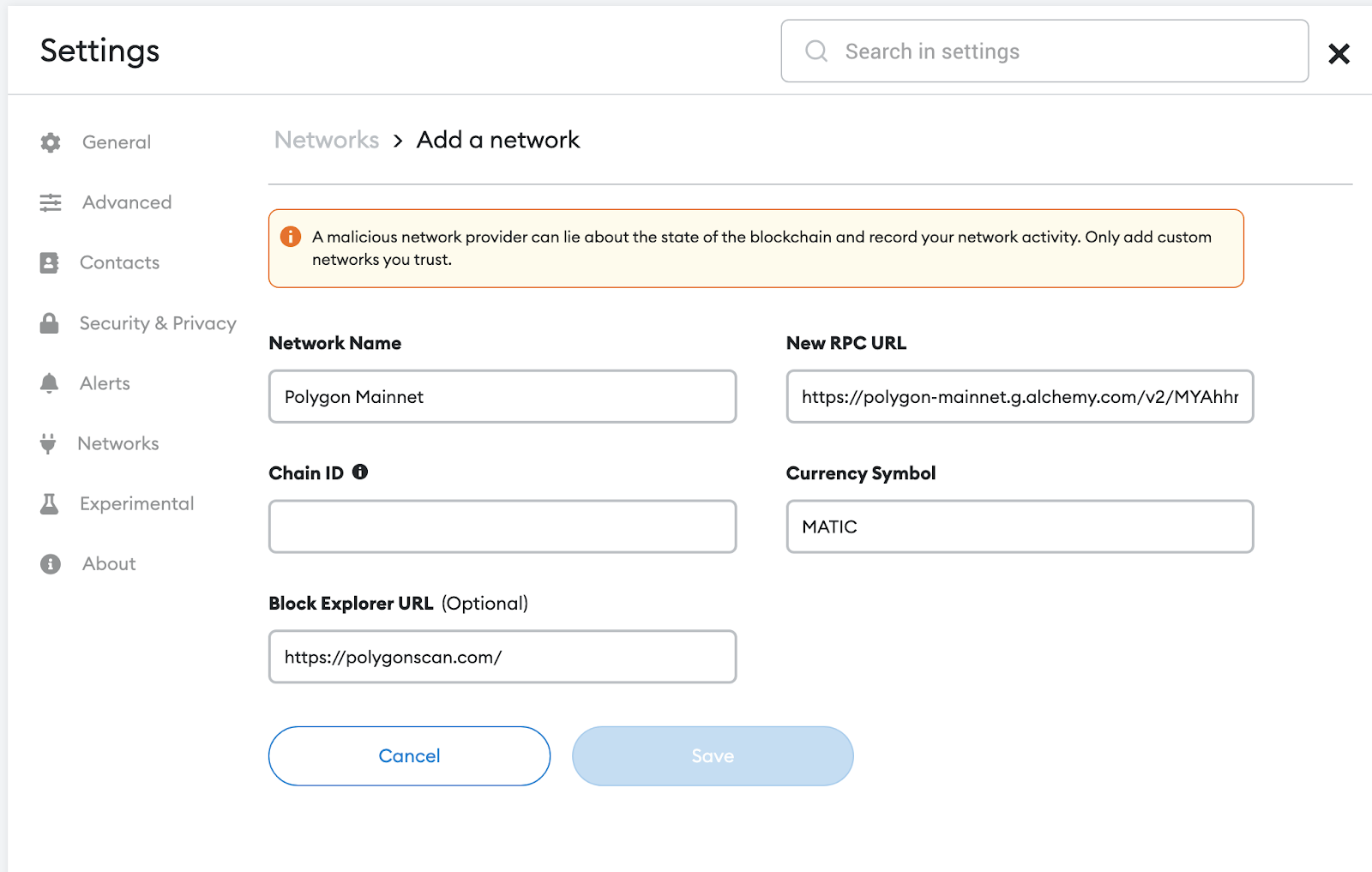 MetaMask network settings interface where you can add your personal RPC endpoint URL.