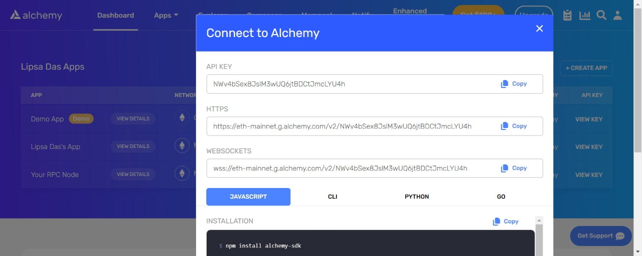 Ethereum NaaS endpoints from Alchemy's dashboard