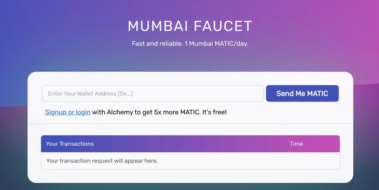Get free testnet Matic from Alchemy's Mumbai faucet