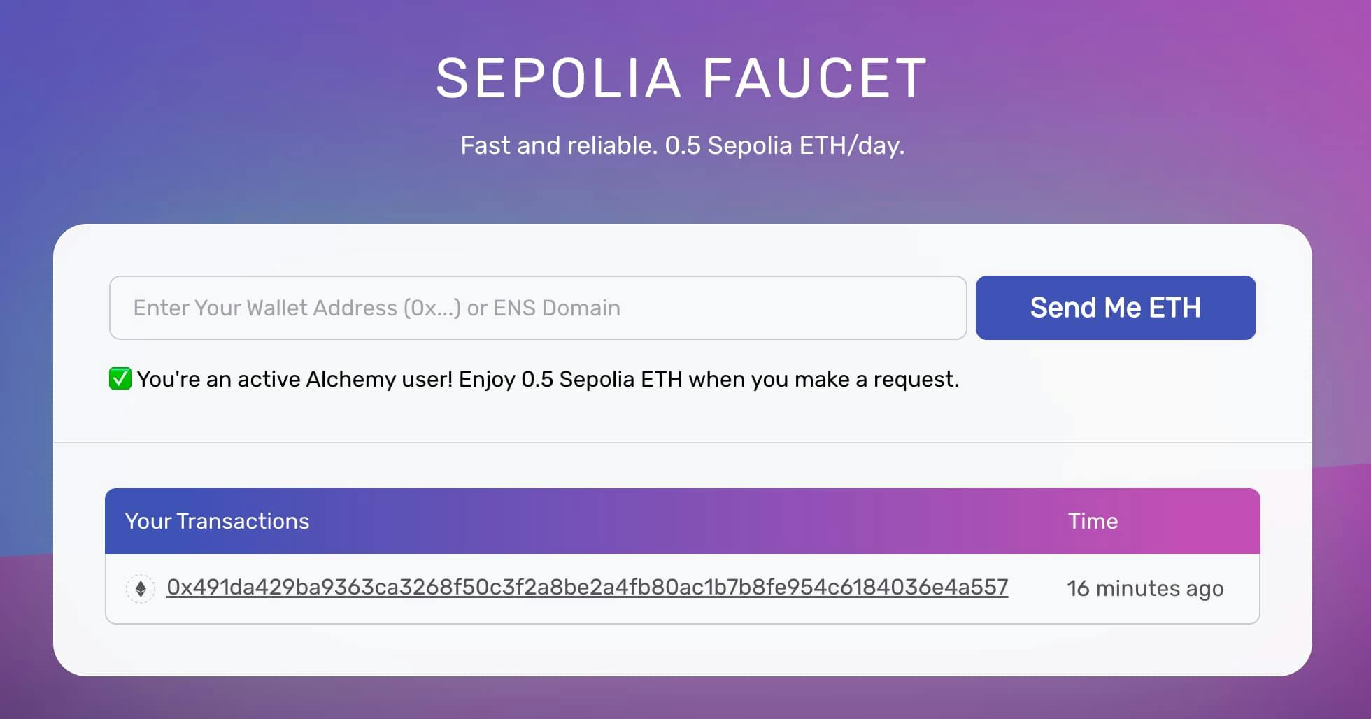 Sepolia faucet interface for getting free SepoliaETH