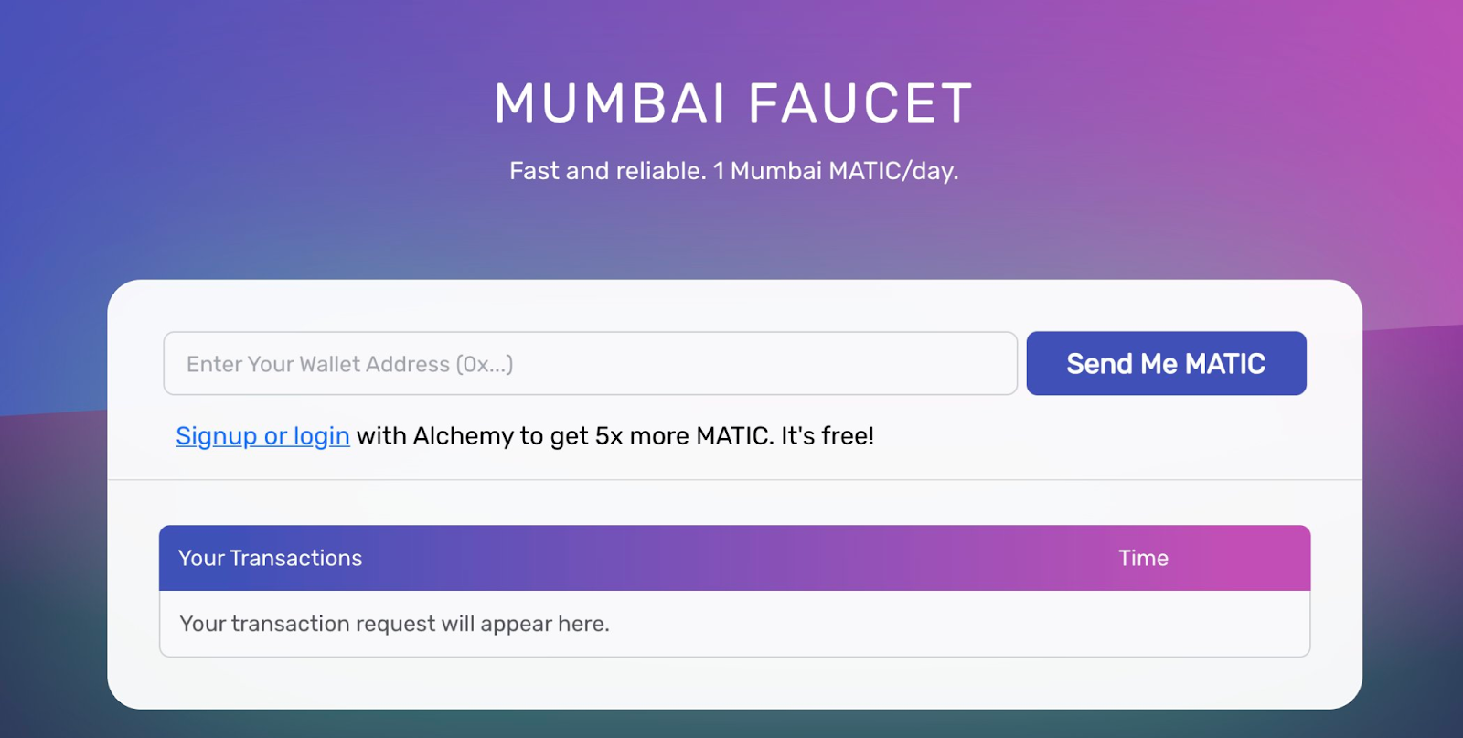 Mumbai Faucet interface for getting free testnet MATIC.