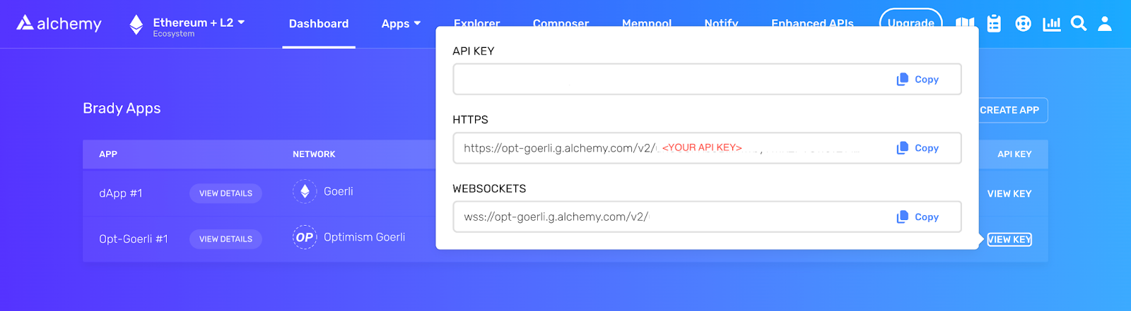 Copy the Optimism Goerli RPC URL from the Alchemy dashboard’s HTTPS section.