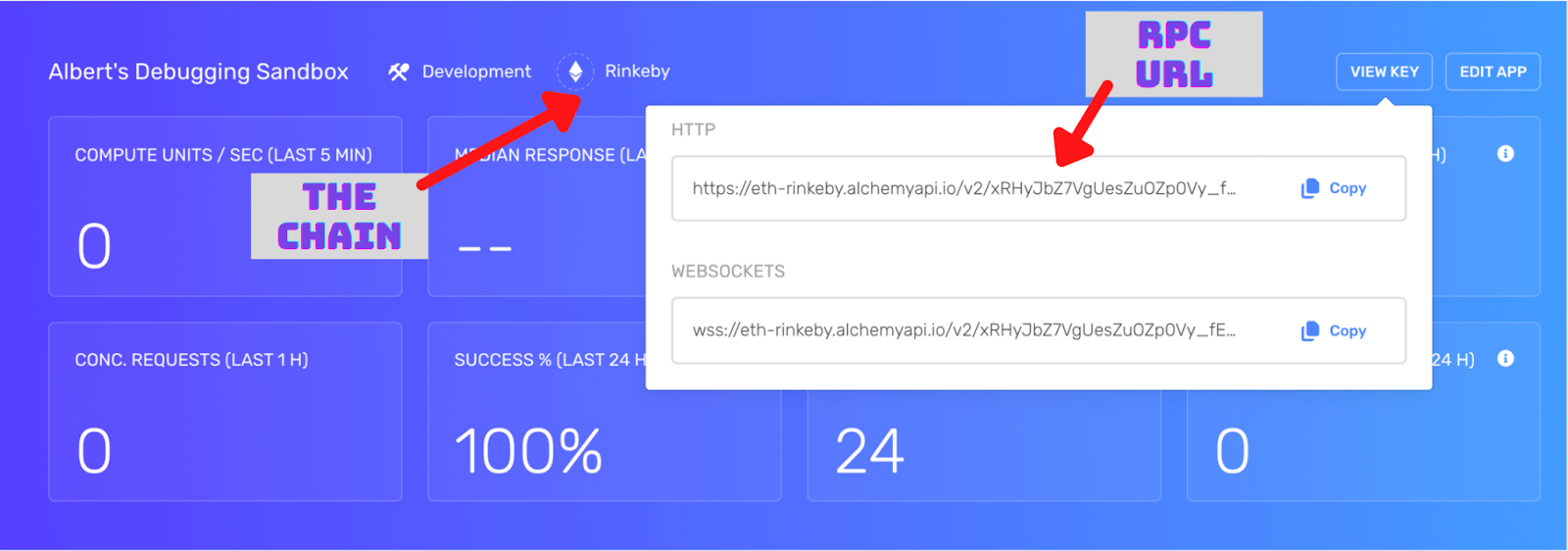 Screenshot of alchemy project dashboard highlighting the HTTP API key URL.