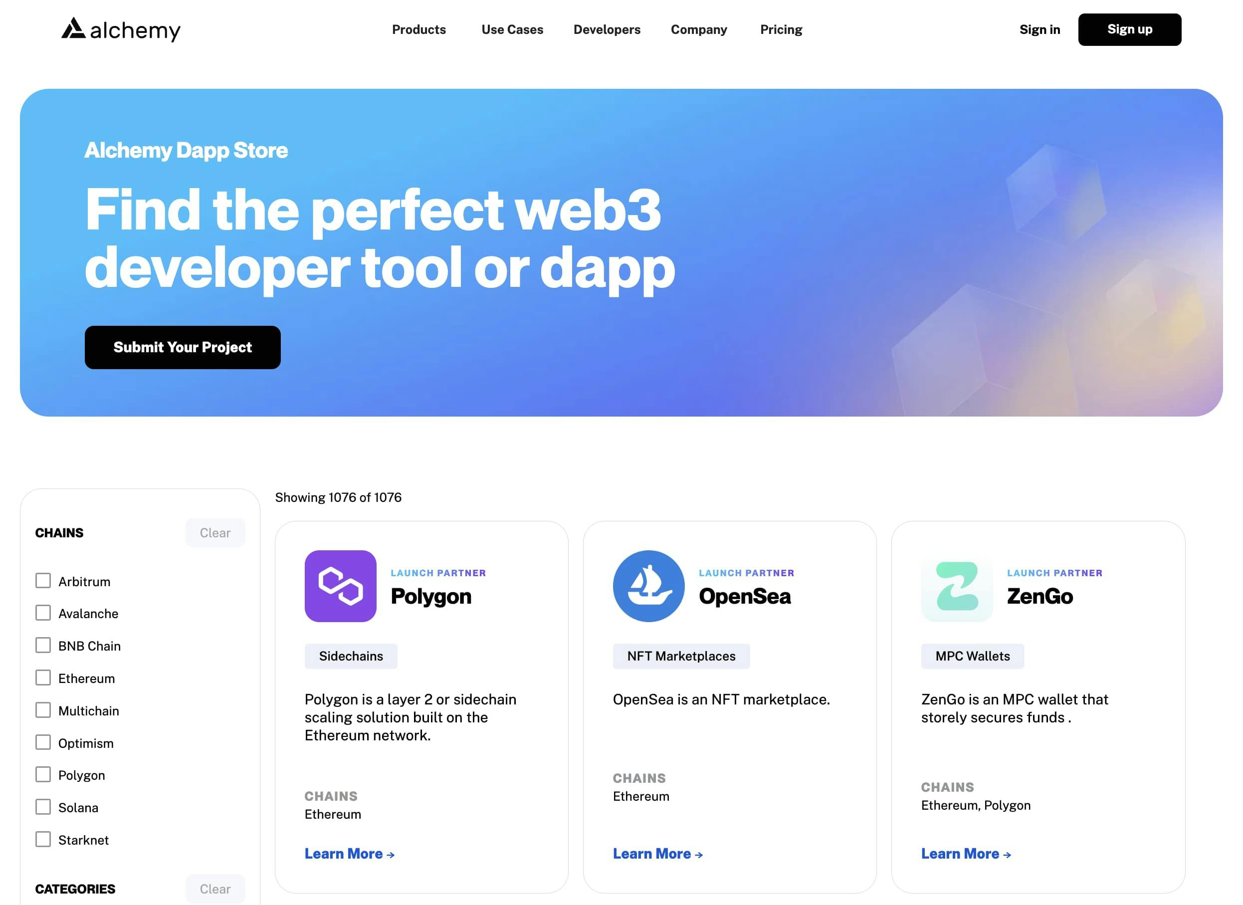 Alchemy Dapp Store where users can filter dapps and developer tools by chain and category.