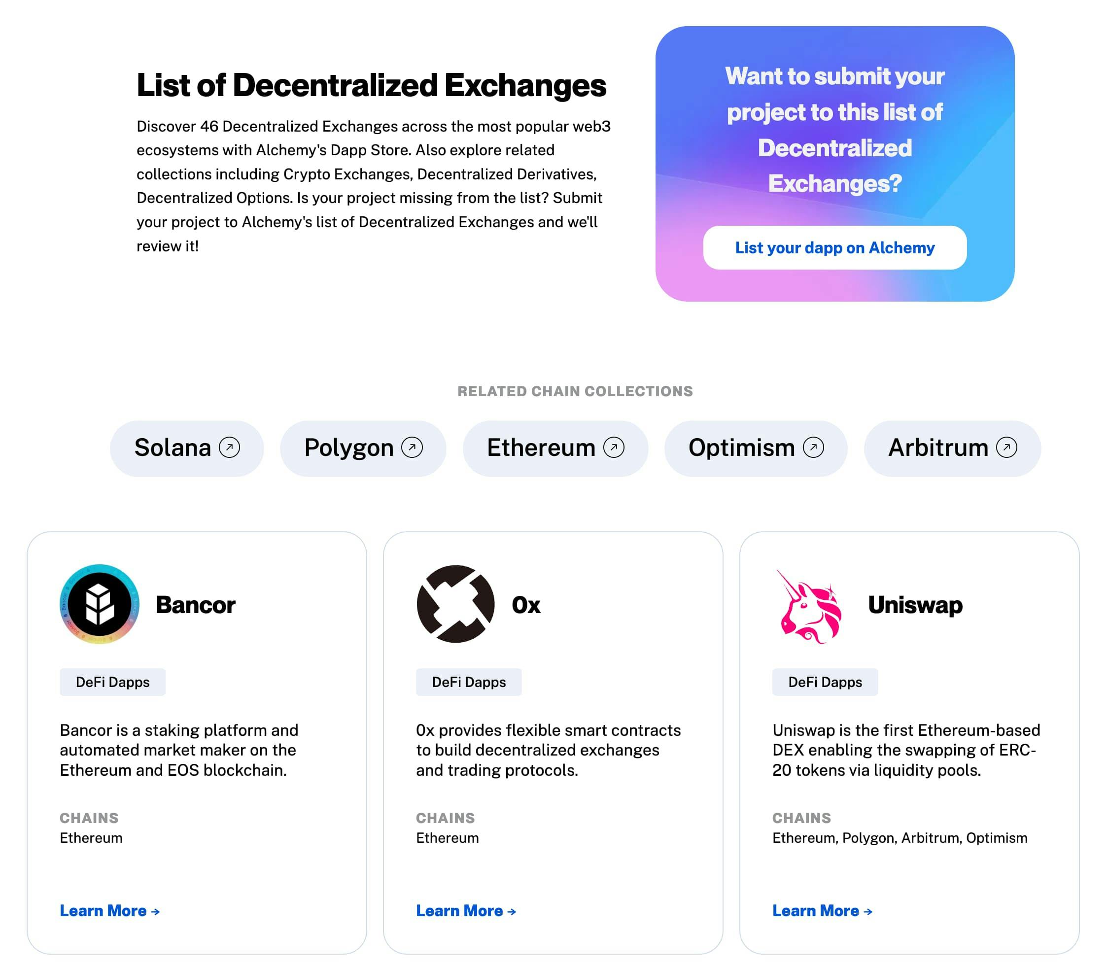 Niche category page featuring decentralized exchanges across different blockchains.