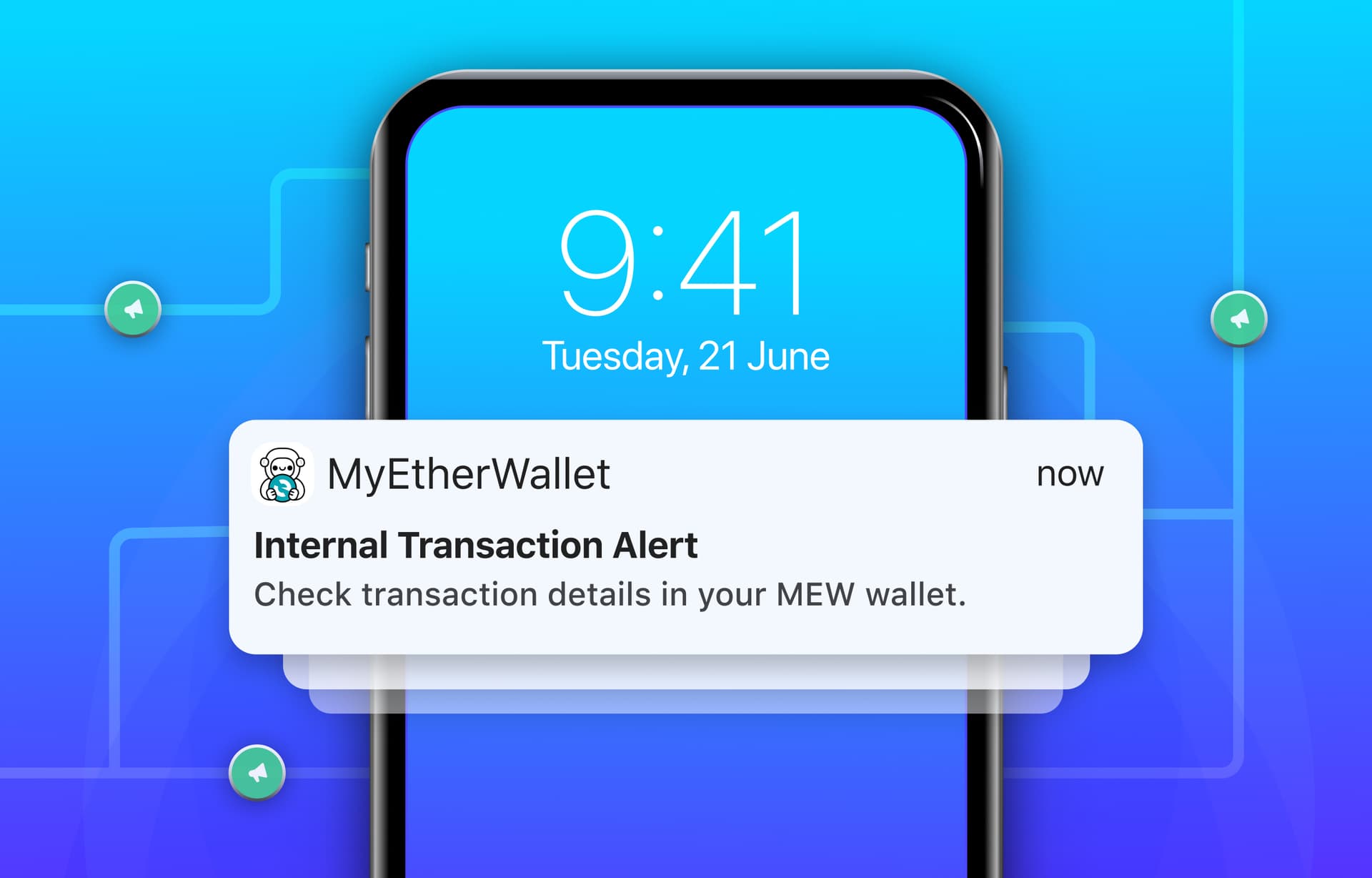 Illustration of user receiving push notifications on mobile for My Ether Wallet DApp.