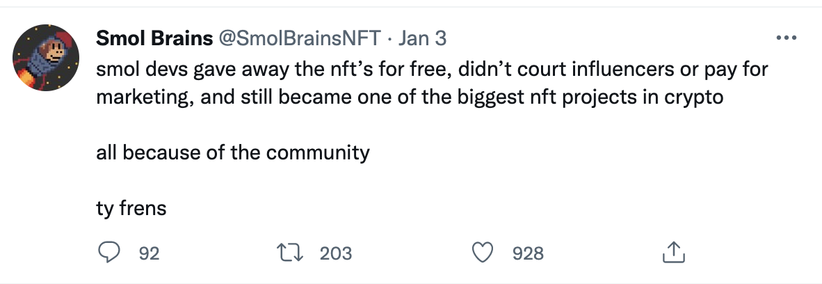 Smol Brains Twitter post about giving away free NFTs as an NFT marketing strategy to become one of the most successful launches in crypto.