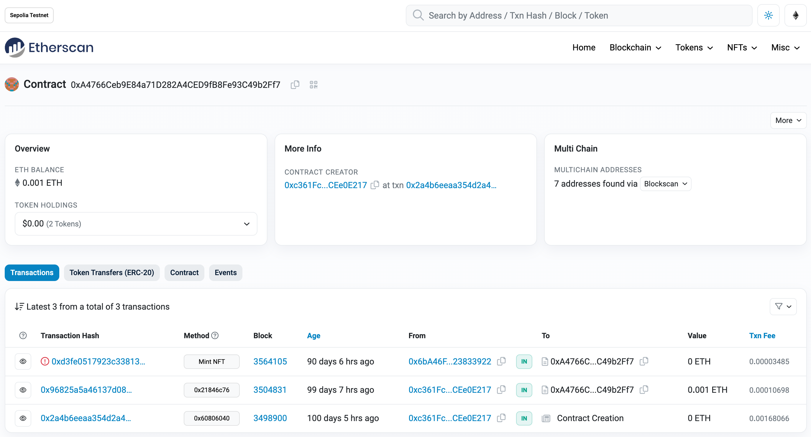 Contract page on Sepolia Etherscan