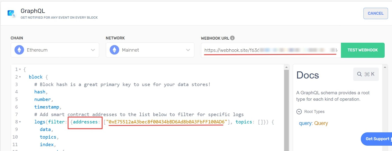 Pass the Webhook URL, addresses