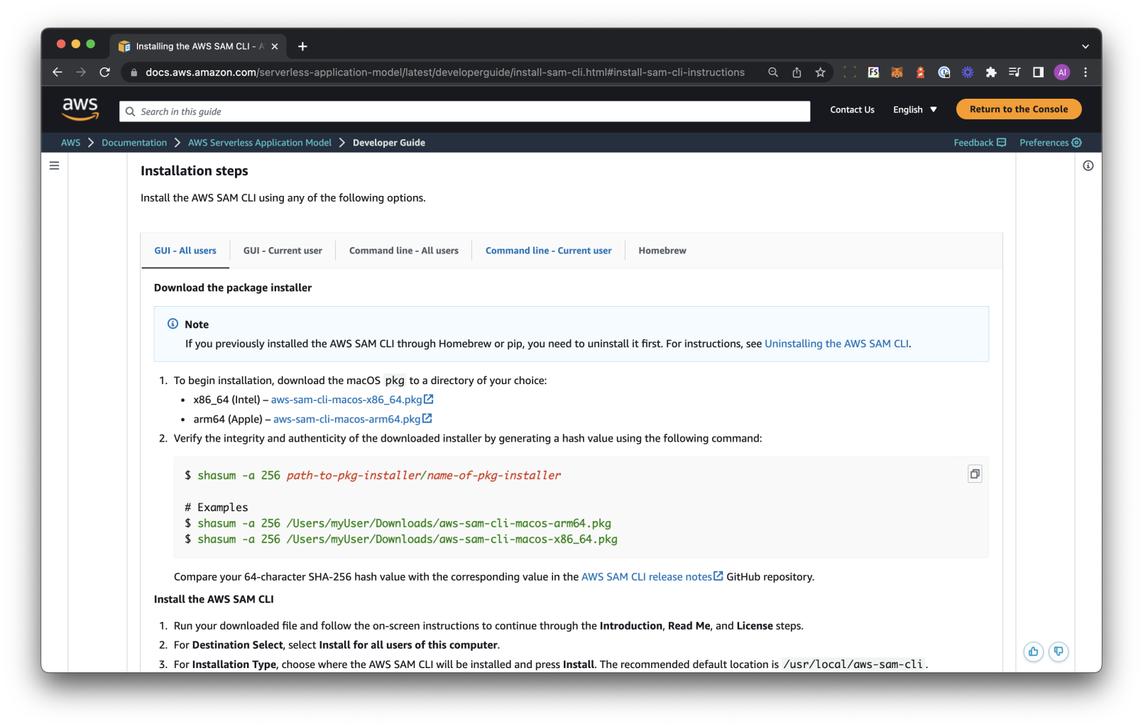 AWS SAM Installation guide webpage