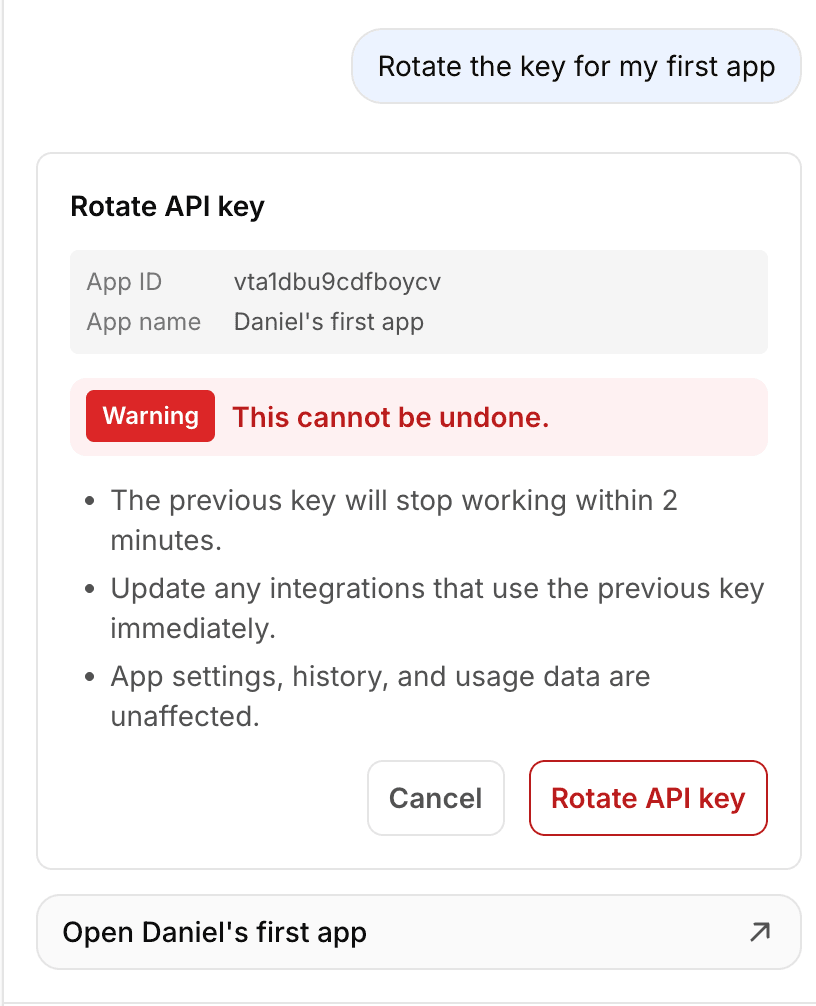 Approval card for rotate an API key, showing the Cancel and Confirm buttons.