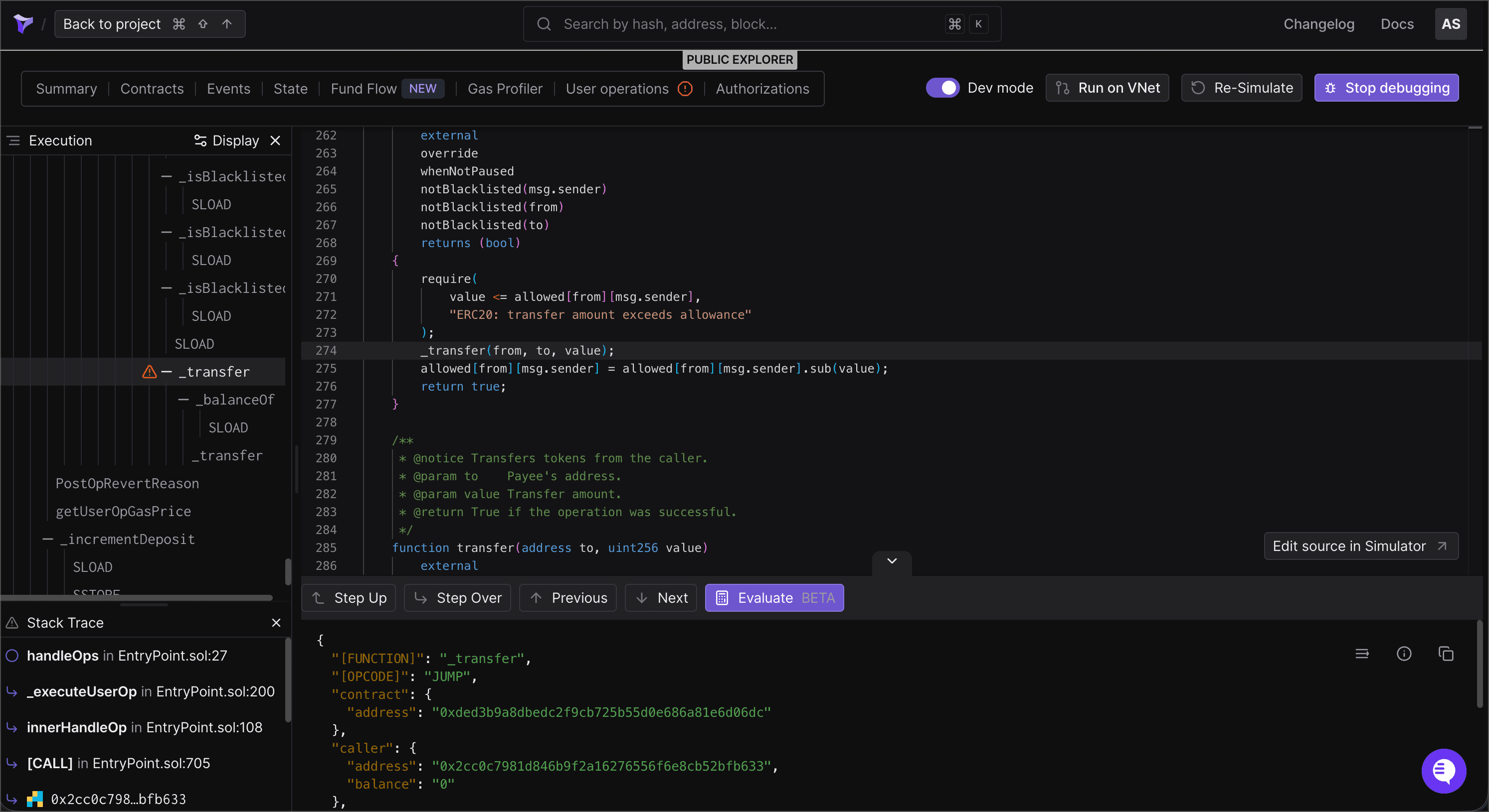 Tenderly debugger showing an execution trace