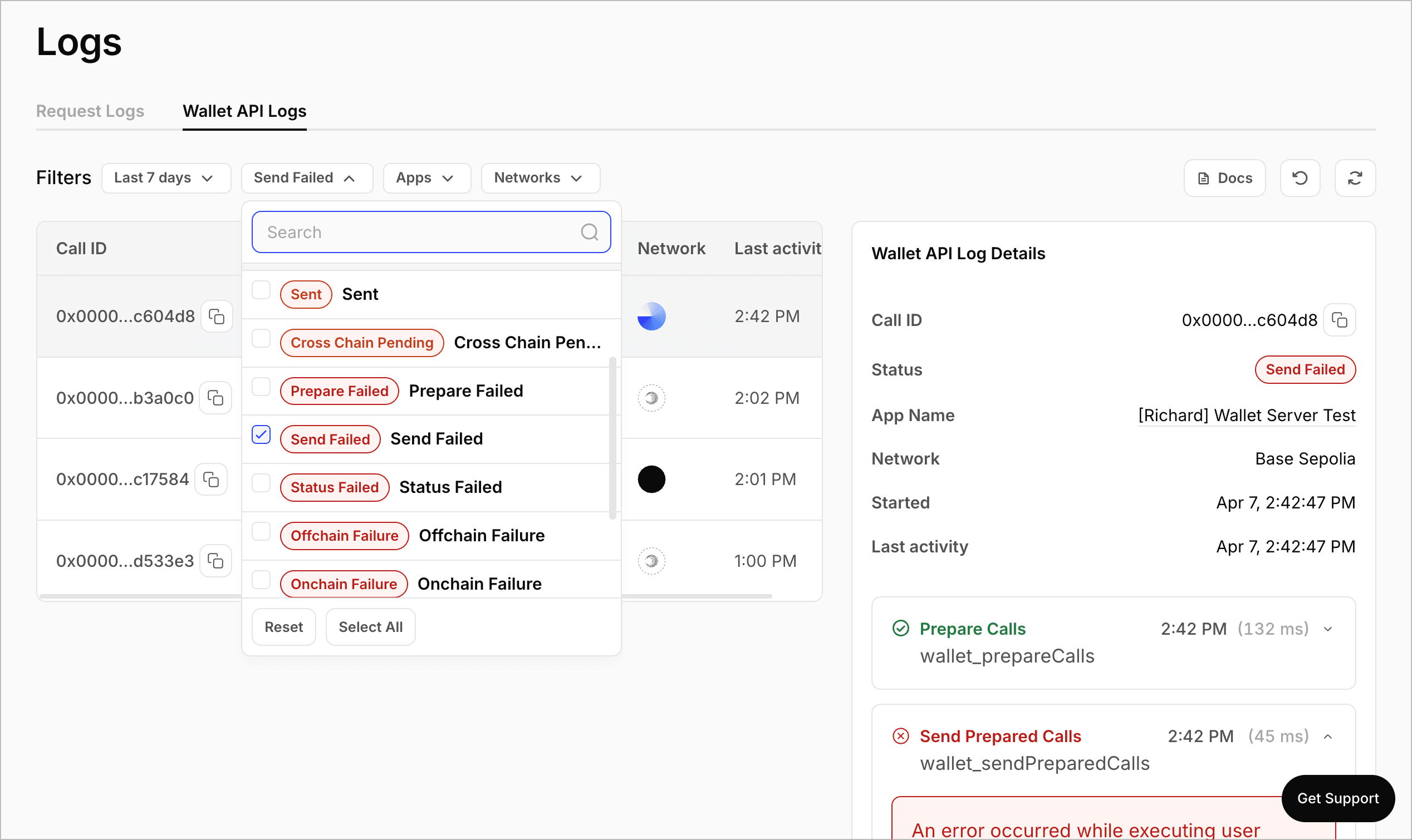 Transaction Lifecycle Dashboard filtered to Send Failed status