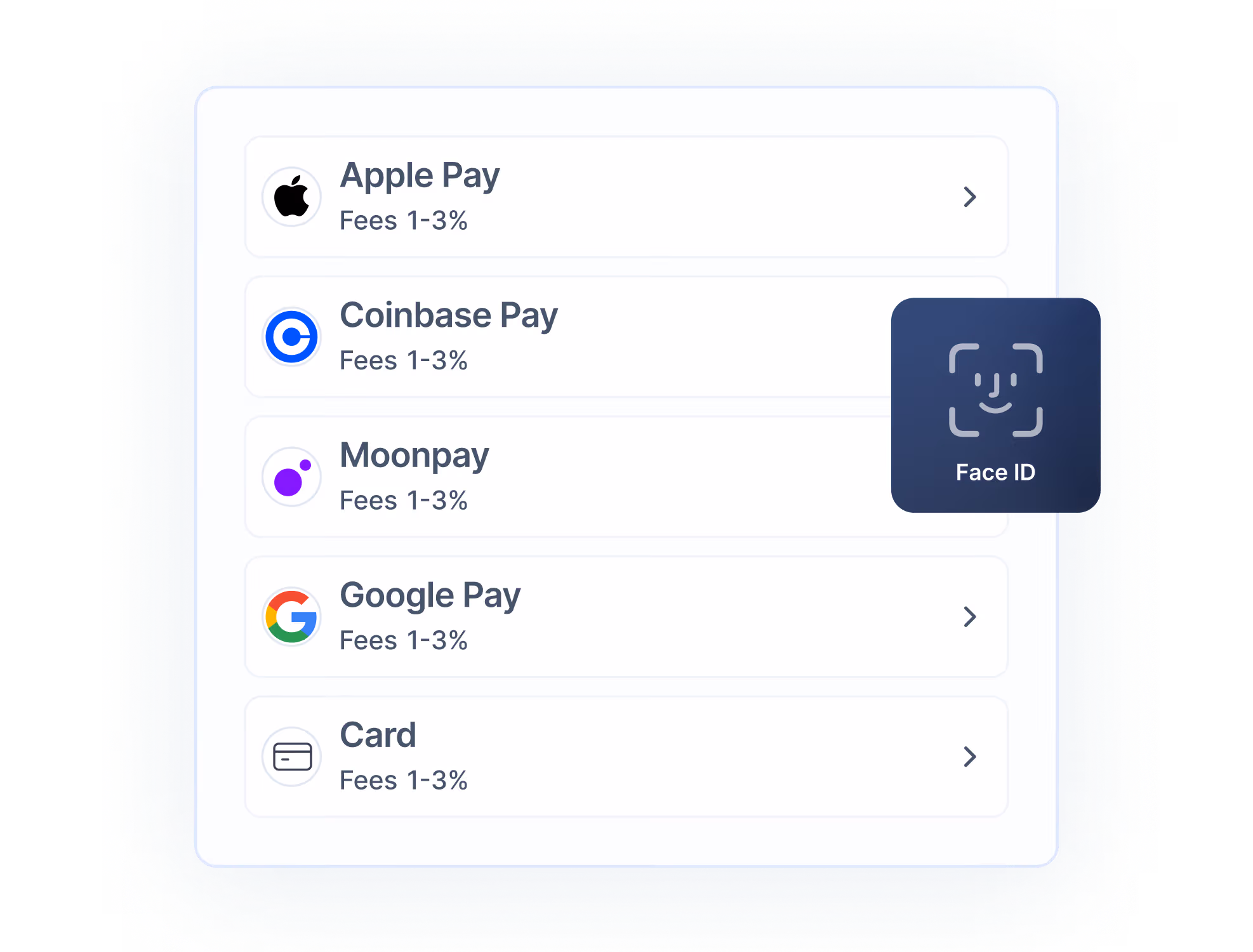 An app UI showing various payment providers